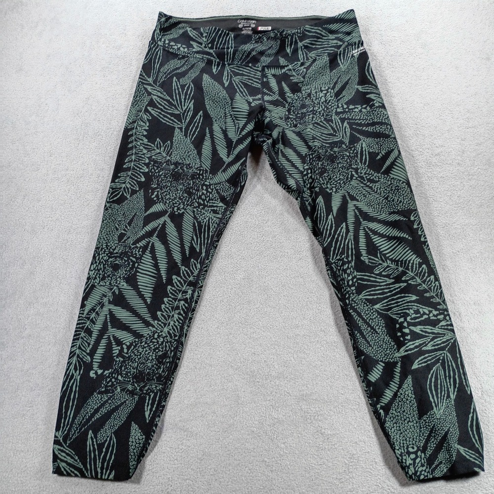 Calvin Klein Womens Performance Leggings Black Green XL Tropical Ruched Hem